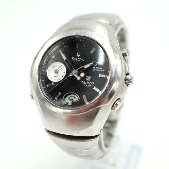 Vintage Bulova Millenia 2000s Vibra Alarm Watch 40mm Black Dial w New Battery - Picture 1 of 16